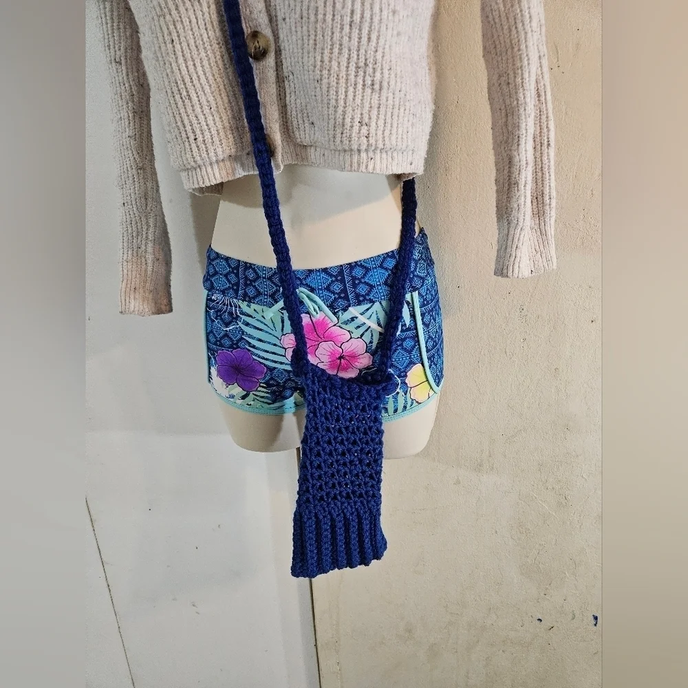 Hand Crafted hand knit crochet cellphone crossbody bag boho style electric blue